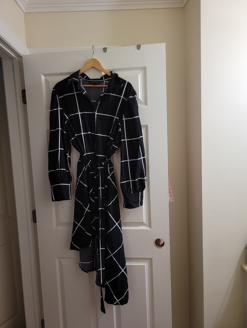 Ashley Stewart Black Windowpane Shirt Dress with Tie Waist